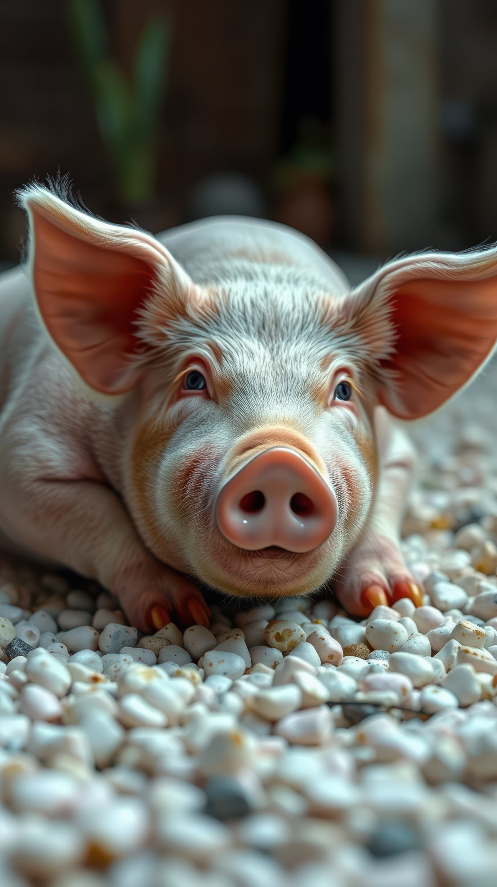 A pink piglet with large ears lies on white pebbles, looking up at the camera